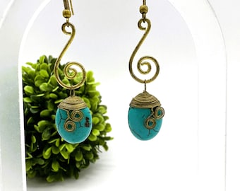 TURQUOISE BRONZE EARRINGS, Bronze Earrings, Drop Earrings, Hook Earrings