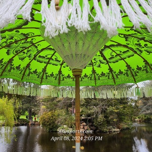 Pu&ograve; includere: Un ombrello con motivo verde e nero con frange bianche che pende sopra uno stagno. L'ombrello ha un palo di legno e una copertura in tessuto bianco. Il testo "33imports.com April 08, 2024 2:05 PM" &egrave; visibile nella parte inferiore centrale dell'immagine.