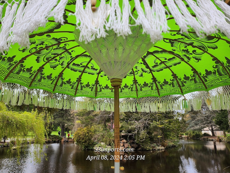 Pu&ograve; includere: Un ombrello con motivo verde e nero con frange bianche che pende sopra uno stagno. L'ombrello ha un palo di legno e una copertura in tessuto bianco. Il testo "33imports.com April 08, 2024 2:05 PM" &egrave; visibile nella parte inferiore centrale dell'immagine.