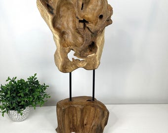 Live Edge Teak Wood Sculpture: Modern Carved Wood Art (31" Tall)