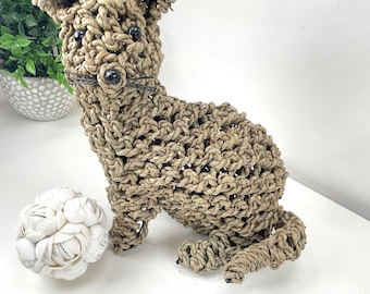 SEAGRASS CAT ORNAMENT, Handmade Rope Cat Statue, Indonesian Rattan Cat Accent