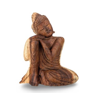 Hand Carved Teak Wood Resting Buddha Sculpture: Zen Decor