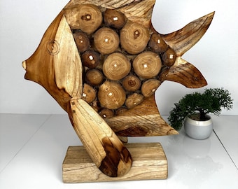 BOHEMIAN FISH SCULPTURE, Teakwood Angel Fish, Wood Carving Fish, Sculpture Angel