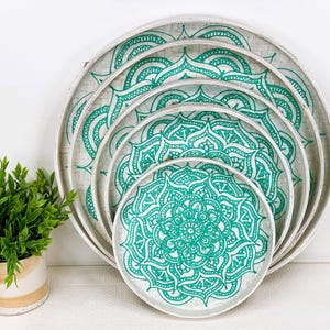 WALL HANGING MANDALA Set, Rattan Wall Hanging, Bamboo Wall Plates, Teal Mandala Hanging, Mandala Plates, Woven Wall Art, Boho Mandala Plates