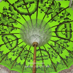 Lime Green Bali Umbrella with Tassels, Shells, and Fringe from Indonesia made in Tegallalang Bali