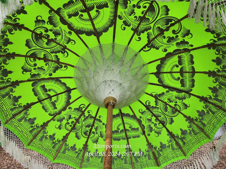 Lime Green Bali Umbrella with Tassels, Shells, and Fringe from Indonesia made in Tegallalang Bali
