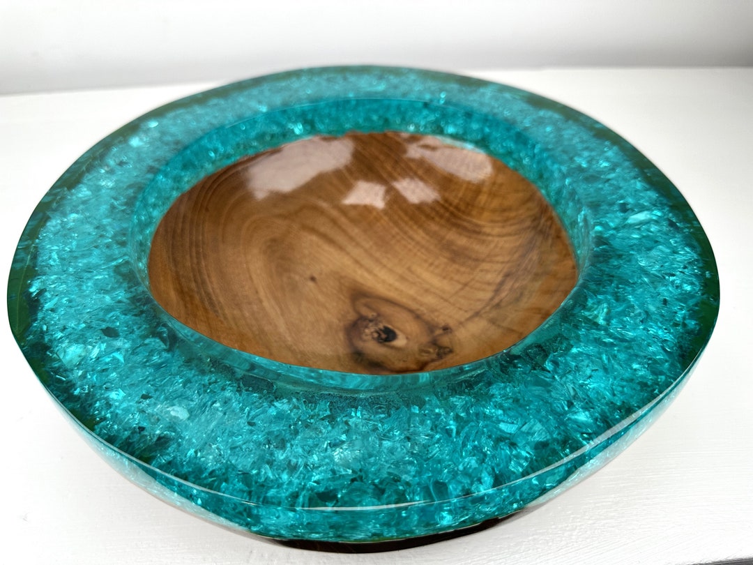 COBALT RESIN BOWL, Cracked Glass Resin Bowl, Wood Resin Bowl, Bali