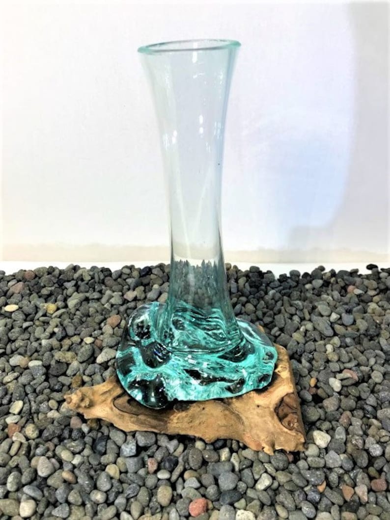 BALI BLOWN GLASS Vase on Wood Base Hand Blown Glass Vase on Etsy