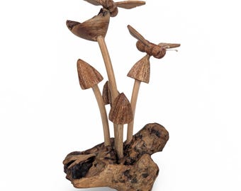 CARVED MUSHROOM SCULPTURE, Nature wood Carving, Wooden Mushrooms Art, Rustic