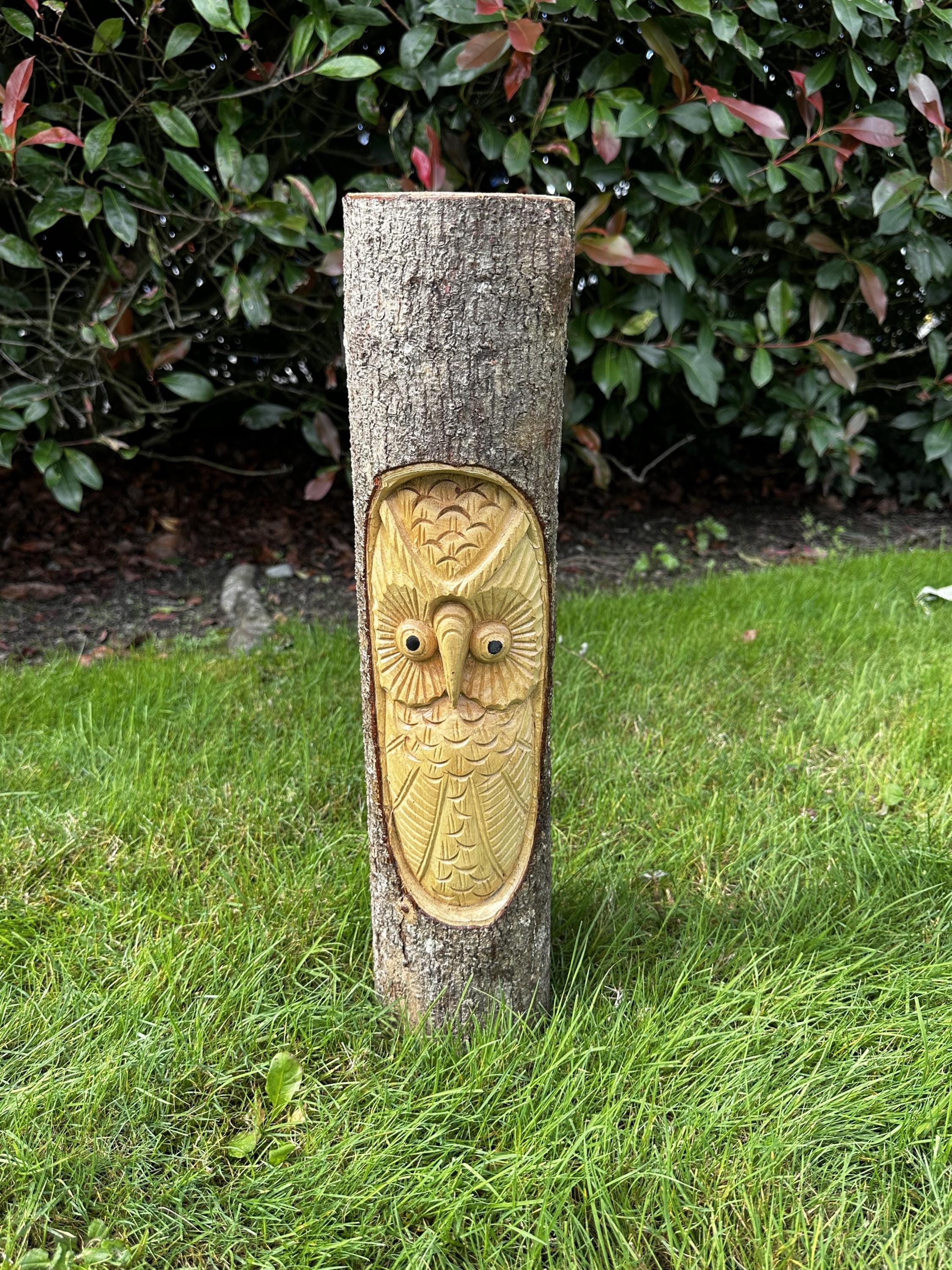 HAND CARVED OWL, Garden Log Decor, Owl In Log Carving, Wood Owl Sculpture, Bird