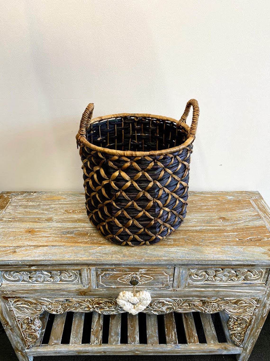 BLACK RATTAN BASKET Ethnic Baskets Tassel Storage Basket Etsy