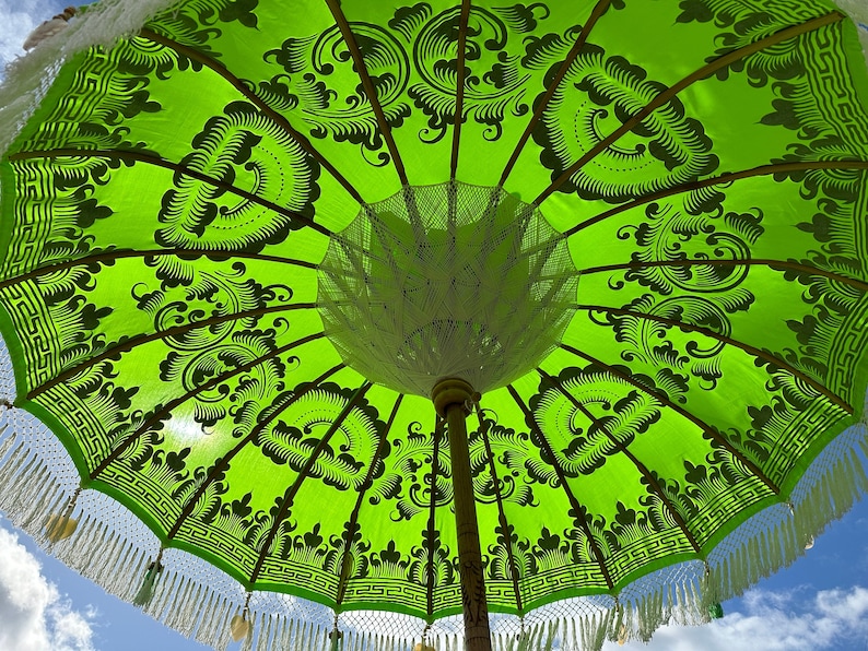 Pu&ograve; includere: Un ombrello verde e nero con frange bianche. L'ombrello &egrave; aperto e l'interno &egrave; bianco.