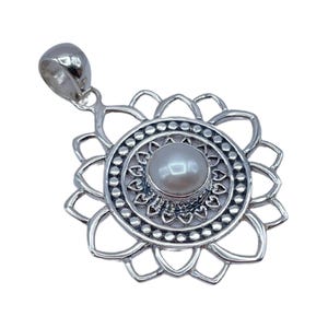 Boho Sterling Silver Mandala Pearl Pendant: Lotus Flower