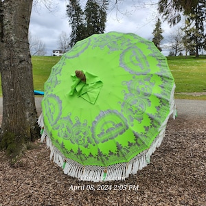 Pu&ograve; includere: Un ombrello da esterno verde e argento con frange bianche. L'ombrello &egrave; chiuso e giace a terra.
