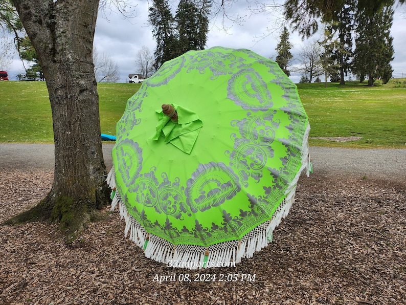 Pu&ograve; includere: Un ombrello da esterno verde e argento con frange bianche. L'ombrello &egrave; chiuso e giace a terra.