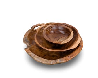 LIVE EDGE TEAK Platter, Wood Platter, Rustic Wood Bowl Set, Wood Centerpiece
