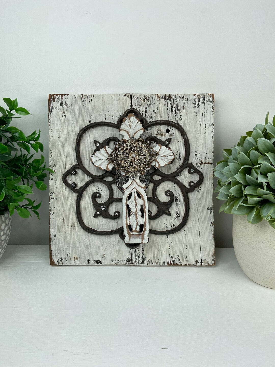 BEDAZZELED JEWEL CROSS, Wood Cross Art, Repurposed Cross, Farmhouse