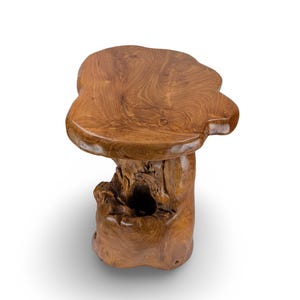 May include: A unique, handcrafted wooden side table. The table features a natural, organic shape with a smooth, polished top and a textured, carved base. The wood has a warm, brown tone, showcasing the natural grain. The table is approximately 20 inches tall.