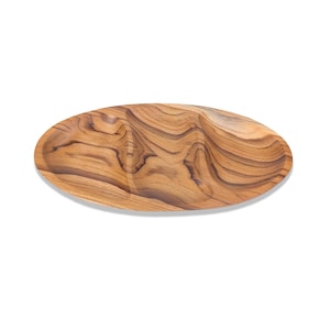 May include: Oval wooden serving tray with a natural wood grain pattern. The tray has a three-section design, perfect for serving snacks or appetizers. The wood has a warm, light brown color.