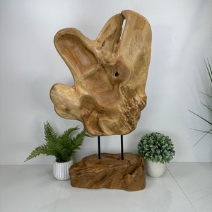 Hand Carved Teakwood Sculpture: Modern Wood Art (33&quot; Tall)