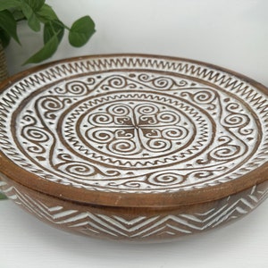 Hand-Carved Whitewash Wood Plate: Rustic Balinese Bowl (13in)