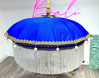 BLUE GARDEN PARASOL, Balinese Full Fringe Umbrellas, Boho Style Umbrellas