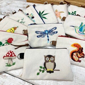 Coin purse with zipper, Canvas Zipper Bag, Makeup Bag, Embroidery coin pouch, zipper pouch, Gift for her.