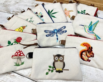 Coin purse with zipper, Canvas Zipper Bag, Makeup Bag, Embroidery coin pouch, zipper pouch, Gift for her.
