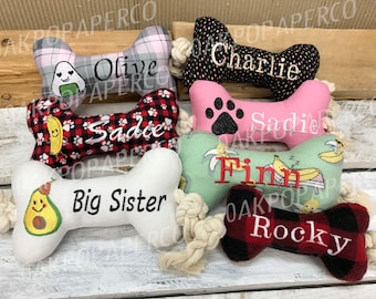 Personalized Dog Toy with Rope and Squeaker, Embroidered Name, Custom Embroidered Dog Gift