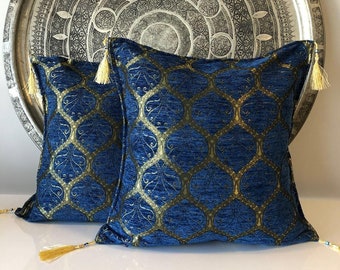 Juego de 2 almohadas turcas orientales de dos piezas, juego de almohadas orientales de hojas azules, juego de almohadas turcas de dos piezas, juego de almohadas azules únicas de dos piezas