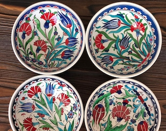 4x Turkish Ceramic Bowls Set of Four, Large Ceramic Bowl Set of Four, Meze Bowl Set, Mezze Serving Bowl Set,15 cm (5.9"), Iznik Style