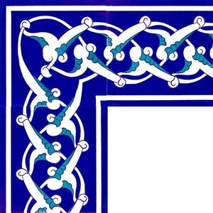 May include: A blue and white ceramic tile with a decorative border of intricate white and teal floral designs. The tile has a white background and a blue border.