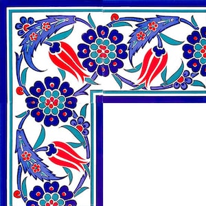 May include: Decorative tile corner featuring a floral design. The design includes blue flowers with red and turquoise accents, red tulip-shaped elements, and blue and turquoise leaves. The border is a deep blue, framing the white background.