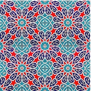 Puede incluir: Un patrón repetitivo de formas geométricas en rojo, azul, blanco y turquesa. El diseño recuerda a los azulejos tradicionales islámicos.
