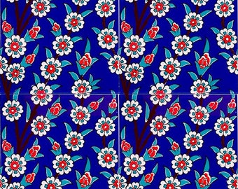 4x Turkish Ceramic Tile, Set of 4, Iznik Ceramic Tiles, Hamam Tile, Kitchen Tile, Stair Tile, 20x20 cm (7.8")