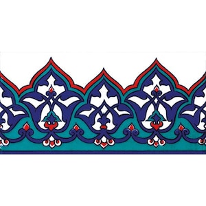 May include: A decorative border tile with a blue, red, and white floral pattern. The tile has a repeating design of stylized leaves and flowers.