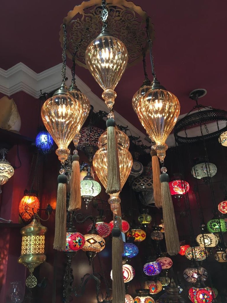 Large Ottoman Chandelier 7 Lamps N Glass Orange Turkish