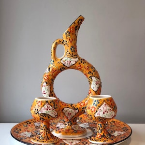 Turkish Ceramic Hittite Jug Set, 30 cm (11.8&quot;) Hittite Jug, 30 cm (11.8&quot;) Tray, 2x Ceramic Wine Cups, Orange