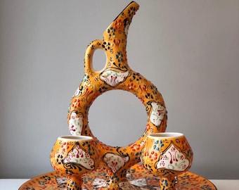 Turkish Ceramic Hittite Jug Set, 30 cm (11.8") Hittite Jug, 30 cm (11.8") Tray, 2x Ceramic Wine Cups, Orange