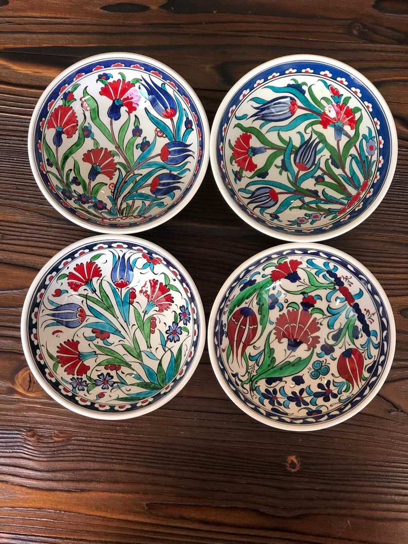 4x Turkish Ceramic Bowls Set of Four, Large Ceramic Bowl Set of Four, Meze Bowl Set, Mezze Serving Bowl Set,15 cm 5.9, Iznik Style image 1