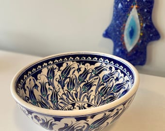 Large Turkish Ceramic Bowl , Large Colorful Ceramic Salad Bowl, Large Salad Bowl, Serving Bowl, 25 cm (9.8"), White and blue tulip