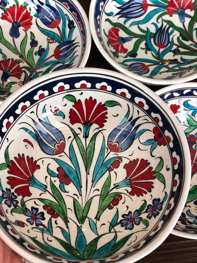 4x Turkish Ceramic Bowls Set of Four, Large Ceramic Bowl Set of Four, Meze Bowl Set, Mezze Serving Bowl Set,15 cm 5.9, Iznik Style image 4