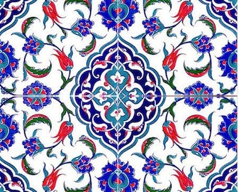 4x Turkish Ceramic Tile, Set of 4, Bathroom Tiles, Hamam Tile, Kitchen Tile, Stair Tile, Wall Tile, Floor Tile, Red, Blue, 20x20 cm (7.8")