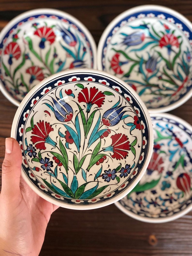 4x Turkish Ceramic Bowls Set of Four, Large Ceramic Bowl Set of Four, Meze Bowl Set, Mezze Serving Bowl Set,15 cm 5.9, Iznik Style image 3