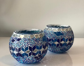 Turkish Mosaic Candle Holder Set of Two, Blue Candle Holder Set, Boho Candle Holder Set