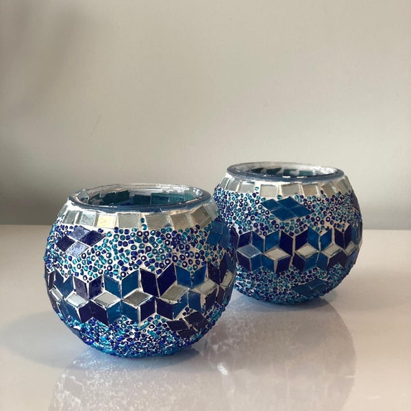 Turkish Mosaic Candle Holder Set of Two, Blue Candle Holder Set, Boho Candle Holder Set