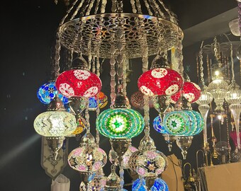 Mosaic Rainbow Chandelier, 19 Lamps Mosaic Large Chandelier, Premium Quality Brass and Mosaic, Turkish Lights, Restaurant Hotel Lamps