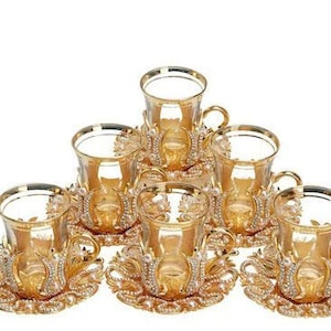 6 x Turkish Tea Glass Set, Turkish Tea Glass Set for Six, Gold, Turkish Tea Glass, Turkish Tea Cup Set, Zamac