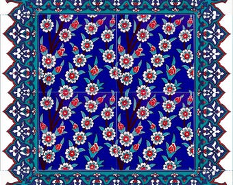 May include: A blue and white ceramic tile with a floral pattern. The tile has a decorative border with intricate designs. The floral pattern features white flowers and red buds on a blue background.