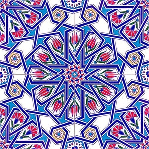 Puede incluir: Un patrón geométrico colorido con acentos azules, rojos, blancos y amarillos. El patrón presenta un diseño repetitivo de flores y hojas estilizadas.